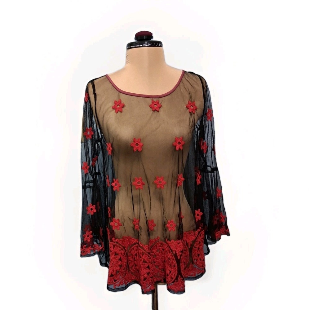 Anthropologie Hazel Sheer Mesh Embroidered Bell Sleeve Gothic Whimsigoth Blouse‎